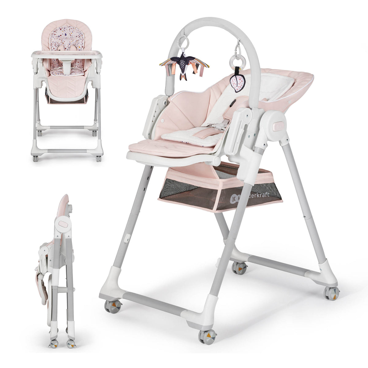 Kinderkraft Lastree high chair in pink, side and front views with toy bar and storage basket