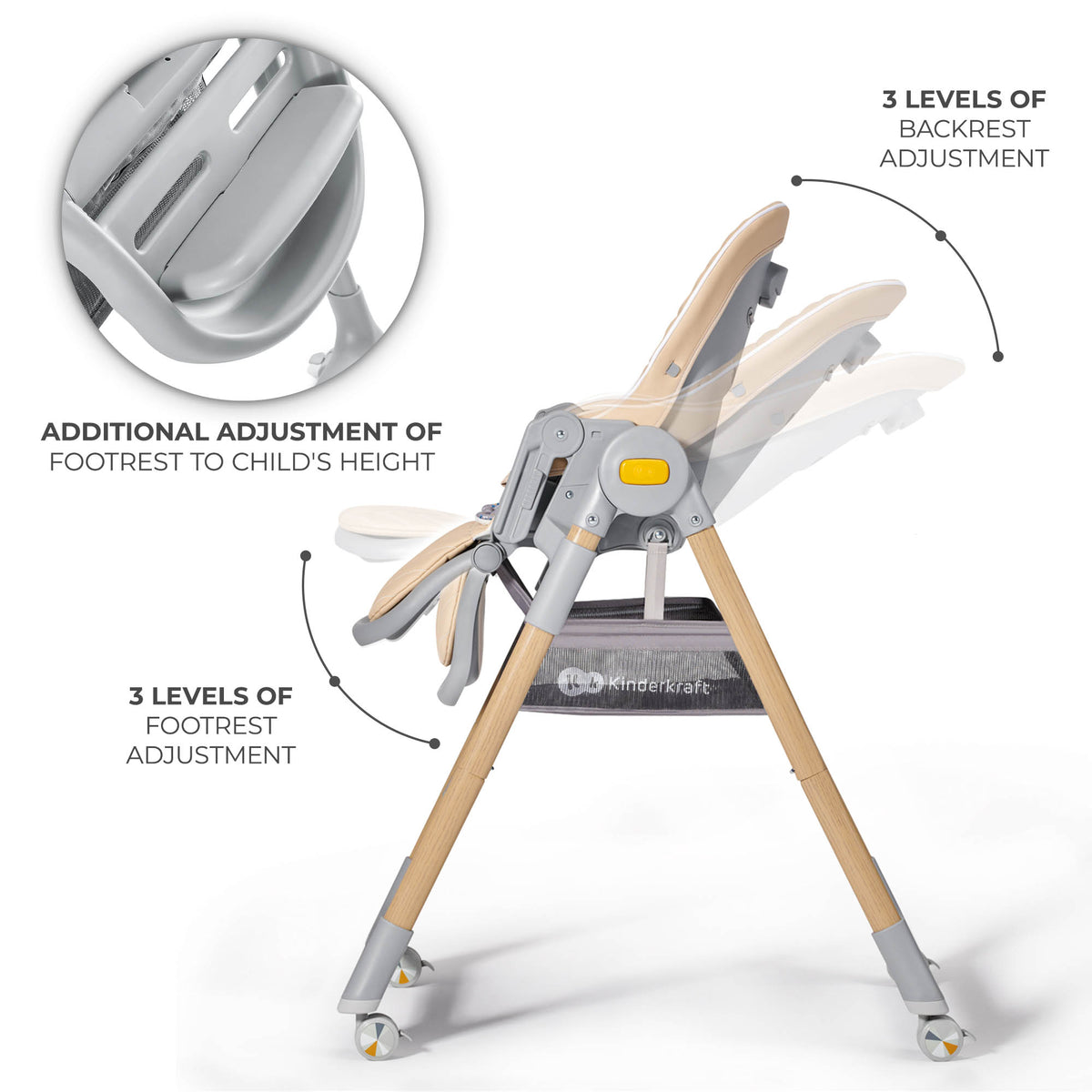 Wooden beige Kinderkraft Lastree showing 3-level backrest and footrest adjustment