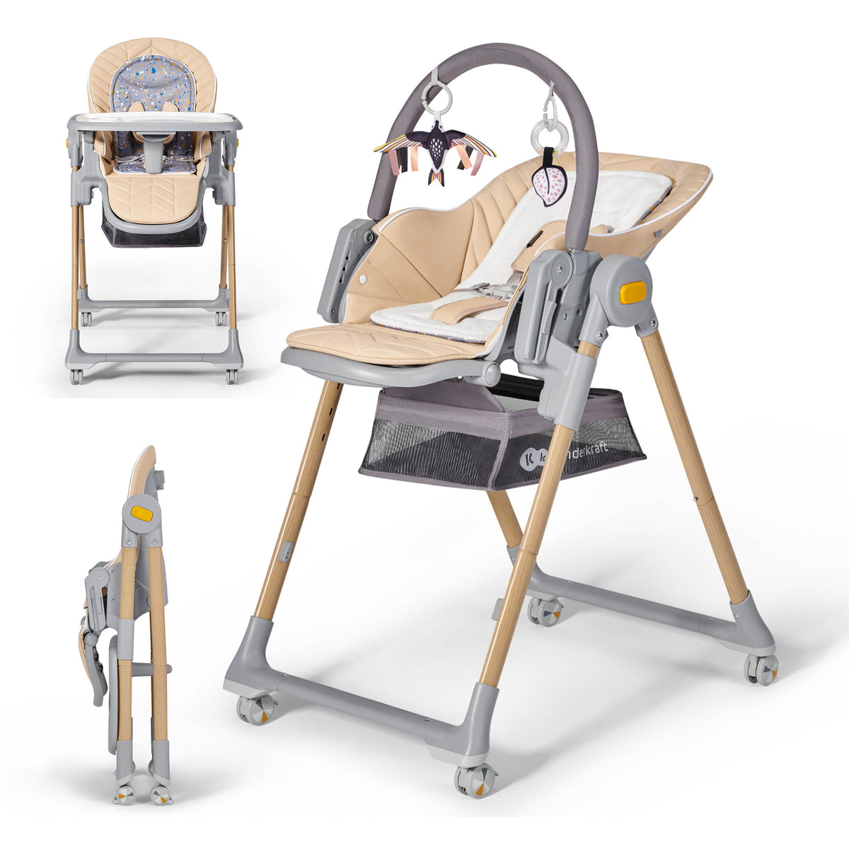 Kinderkraft Lastree high chair in wooden beige, side and front views with toy bar and storage basket
